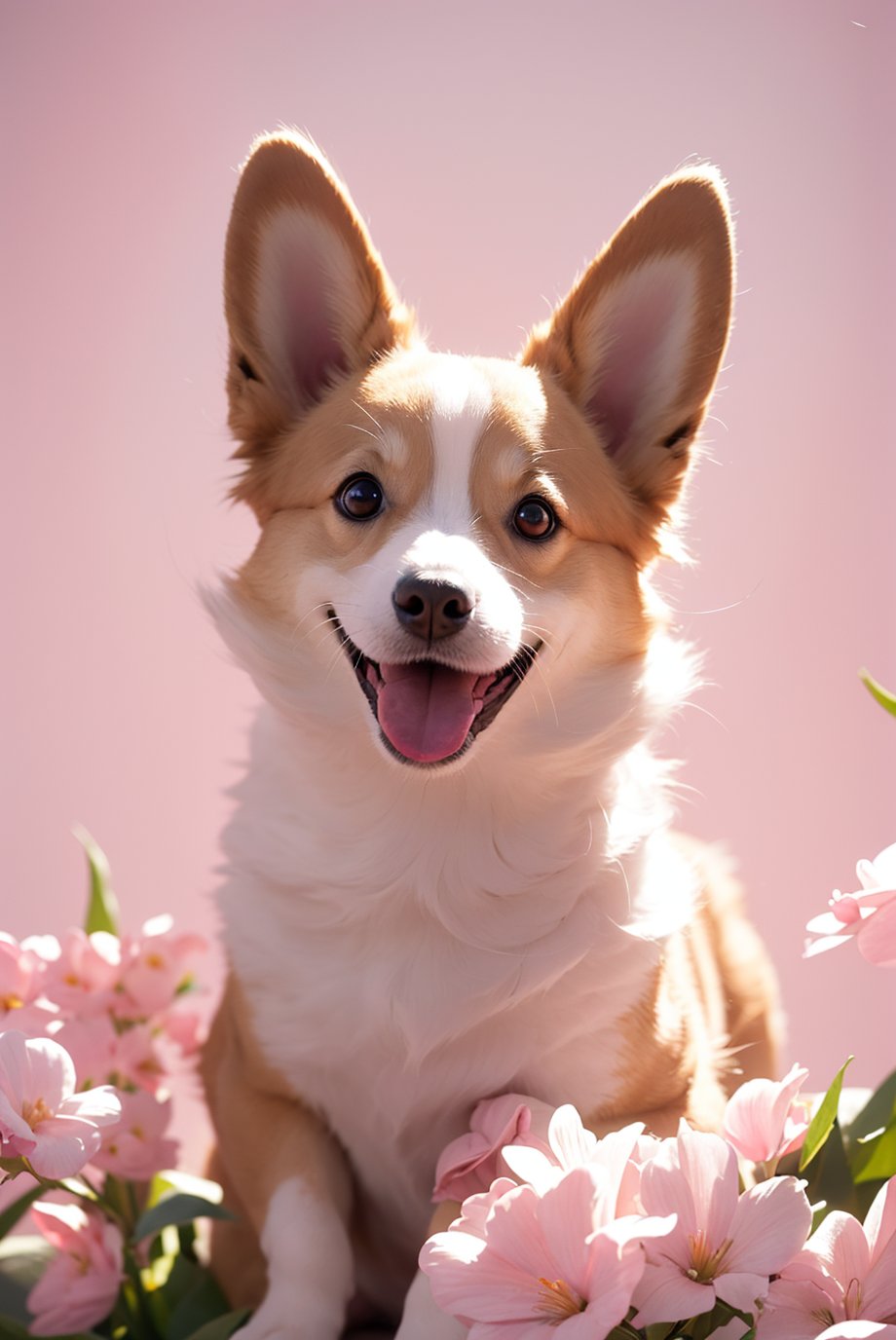 A doge with a tiny tail, a small nose, small ears, blue eyes, pink background, flowers, vases, dreams, open mouth, smile, Caroline Chariot-Dayez pastels, tumblr style, furry art, elokitty, Disney's Bambi dog, Disney's stylized furry, ears floating, fluffy tail, (fluffy:1.4), high resolution, furry art, The moon, small in size, mangguo_keji,  <lora:YG可爱柯基:0.75>,