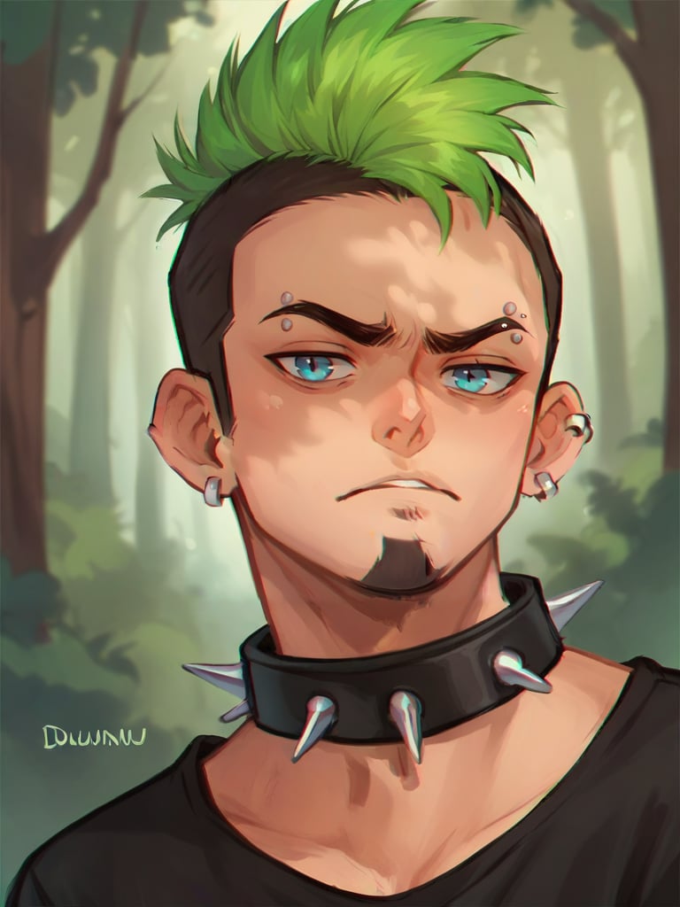 score_9, score_8_up, score_7_up, score_6_up, portrait of Dunc@n man, mohawk, spiked choker, facial hair, eyebrow piercing, earrings, green hair, multicolored hair, annoyed expression, black shirt, masculine, (forest background:1) <lora:Dunc@n-000003:1>