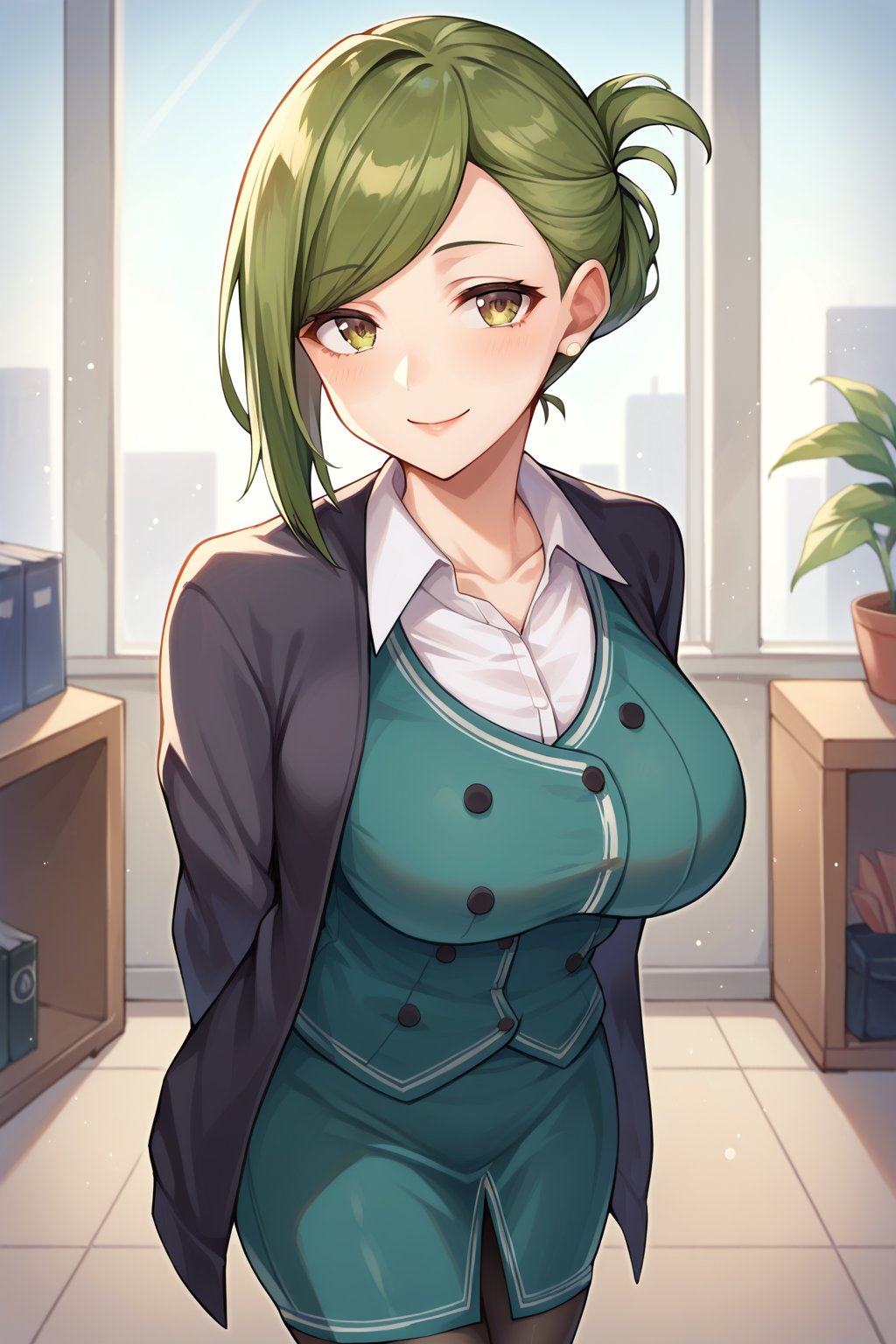 score_9, score_8_up, score_7_up, source_anime, green hair, folded ponytail, swept bangs, green eyes, large breasts, office lady, black jacket, open jacket, cardigan, open cardigan, white shirt, collared shirt, vest, green vest, green skirt, pencil skirt, black pantyhose, looking at viewer, smile, arms behind back, cowboy shot, office, <lora:nanakusa_hazuki_XL:0.9>