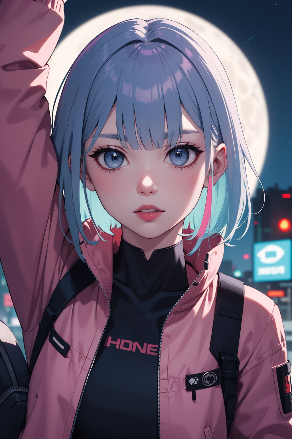 lucy \(cyberpunk\),1girl,arm up,bangs,blue hair,colored tips,full moon,grey eyes,jacket,long sleeves,looking at viewer,medium hair,moon,multicolored hair,parted bangs,parted lips,pink hair,portrait,red eyeliner,red lips,solo,white jacket,cyberpunk \(series\),cyberpunk edgerunners,<lora:lbc_lucy240408_v1.0:0.8>,BREAKsharp focus,8k high definition,35mm film photography,insanely detailed,photographic accuracy,