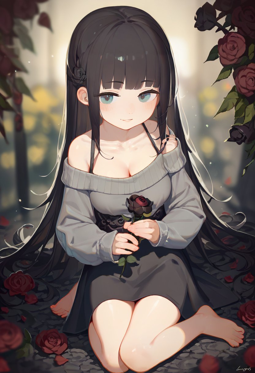 score_9, score_8_up, score_7_up, score_6_up, <lora:Antifreeze3XL_P6_lokr_V53P1:0.95> 1girl, solo, flower, black flower, long hair, black hair, breasts, holding, sitting, holding flower, looking at viewer, skirt, barefoot, black skirt, cleavage, collarbone, wariza, long sleeves, parted lips, bare shoulders, medium breasts, black rose, off shoulder, sweater, high-waist skirt, rose, blunt bangs, blurry, very long hair, blue eyes, off-shoulder sweater, grey sweater, grey eyes, shirt, ribbon, grey shirt, side slit, blush, smile, blurry background, depth of field, sleeves past wrists