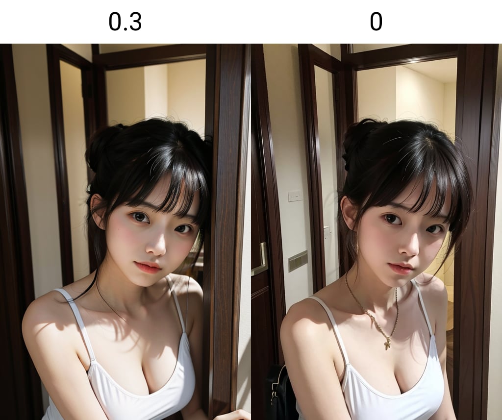 (((masterpiece))), (((best quality))), facing viewer, 1girl, head down, camisole, updo, cleavage, asian, door, indoor, <lora:hairheightslider:0.3>