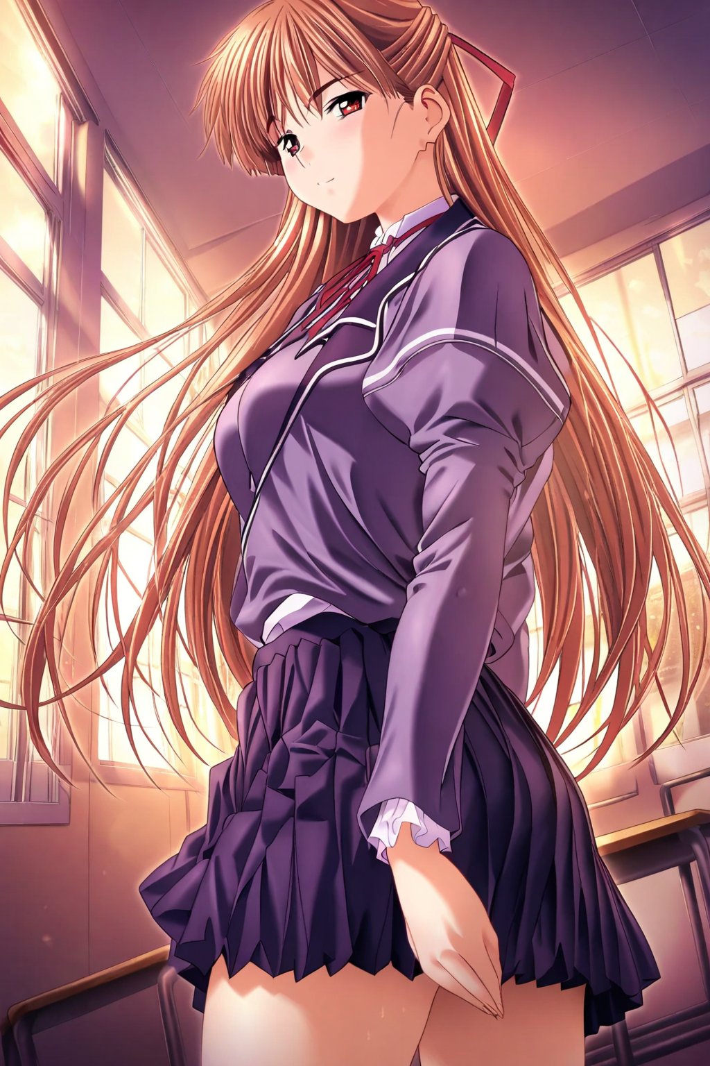 kanzaki asuka, 1girl, solo, blonde hair, long hair, school uniform, standing, smile, half updo, red hair bow, school, (masterpiece, high-quality, breathtaking, highres, ultra detailed), (expressive eyes, perfect face),  <lora:kanzaki_asuka:1>