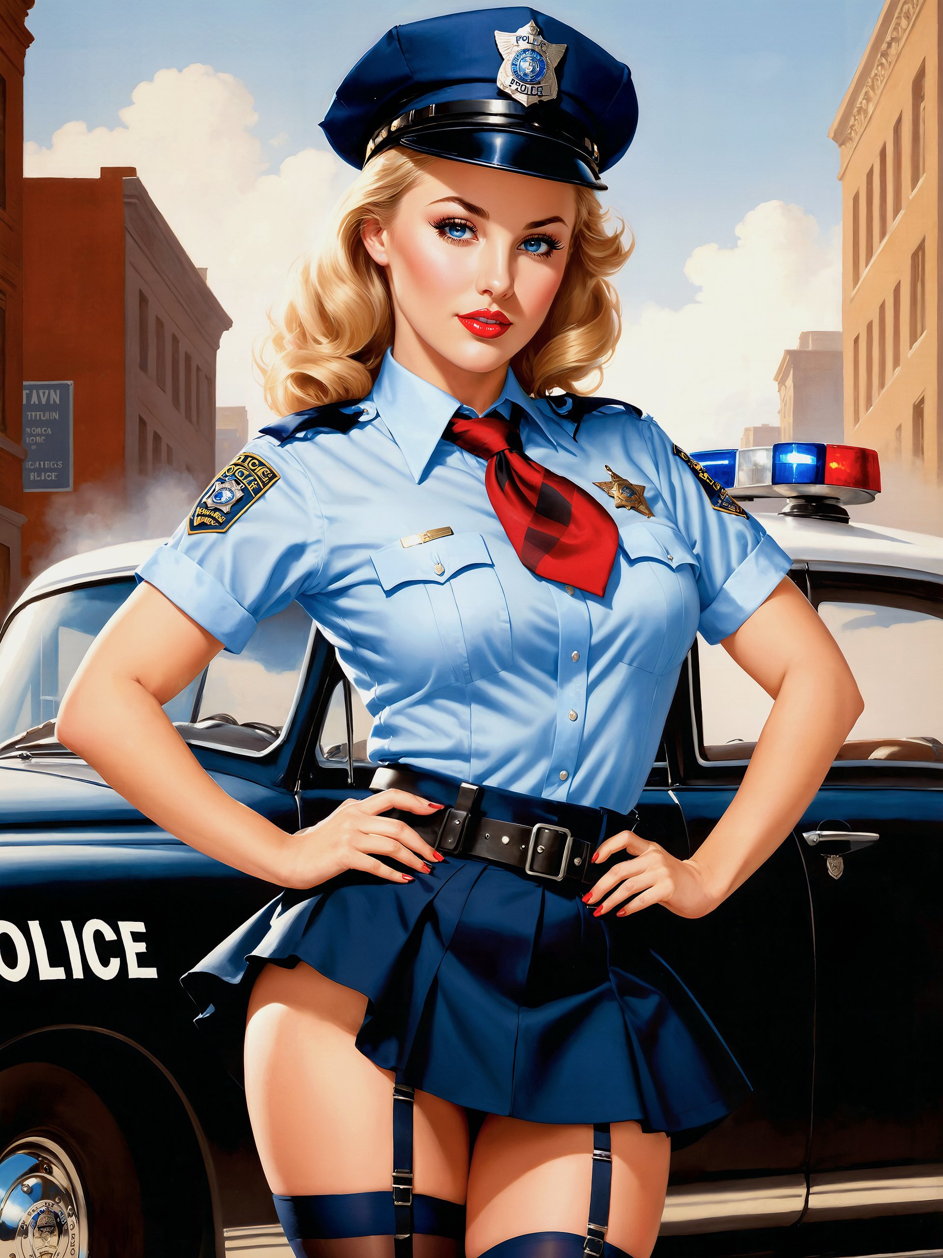 beautypinupart, 1girl, long blonde hair, blue eyes, police, police uniform, looking at viewer, looking at camera, (huge breasts), slim waist, flawless smooth skin, detailed skin, extremely beautiful, hot, sexy, breathtaking, sensual, alluring, white shirt, short sleeves, blue necktie, blue headwear, police cap, peaked cap, black thighhighs, miniskirt, garter straps, belt, pinup, cowboy shot, midriff, standing, legs apart, sexy pose, from front, hands on hips, wearing police badge, simple background, white background, red lips, eyelashes, <lora:PinupManiaXL_V1.0:1>