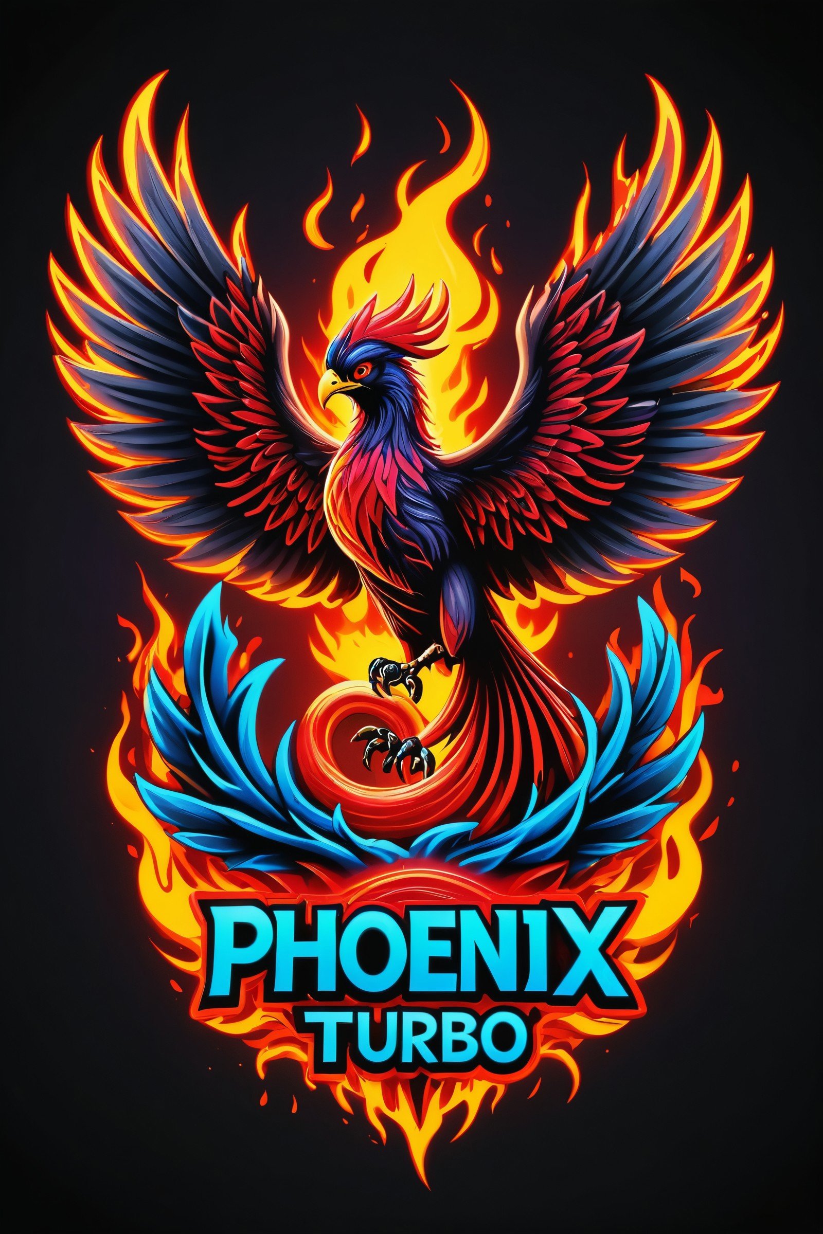 (phoenix turbo text logo), neon red, smoke, fire, flames, dripping, blood, red and blue colors