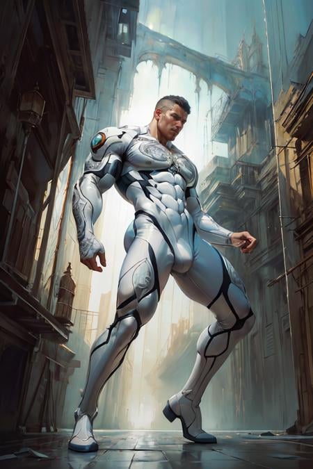 artistic painting of a man, clad in a ((translucent white bodysuit:1.2)), full body, symmetrical, adorned with delicate ornaments, amidst a backdrop of futuristic architecture bathed in natural daylight, intricate hyperrealism, volumetric lighting, architectural photography, professional ominous concept art, by artgerm and greg rutkowski, an intricate, elegant, highly detailed digital painting, concept art, smooth, sharp focus, illustration, in the style of simon stalenhag, wayne barlowe, and igor kieryluk, symmetrical, best quality, masterpiece, intricate details, dynamic pose, dynamic angle, ((surrealism)), ((romanticism)), ((oil painting \(medium\):1.2)), (illustration), (large-muscles), (large pectorals), (puffy nipples)