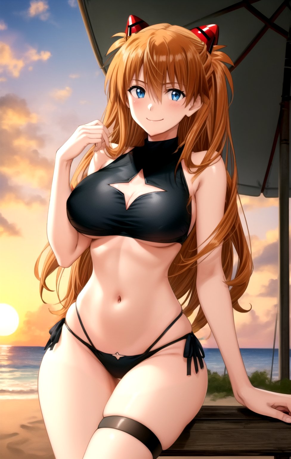 masterpiece, best quality, best aesthetic, anime, ultra detailed,souryuu asuka langley, 1girl, solo, yamibikini2, (black bra, sport bra:1.2), (cleavage cutout:1.2), (black bikini, panties:1.2), (lowleg), (thigh strap:1.2), (large breasts, wide hips:1.2), (long hair, orange hair:1.2), blue eyes, (smile, closed mouth:1.2), cowboy shot, looking at viewer, outdoors, beach, sunset<lora:EMS-179-EMS:0.200000>, <lora:EMS-364789-EMS:0.900000>