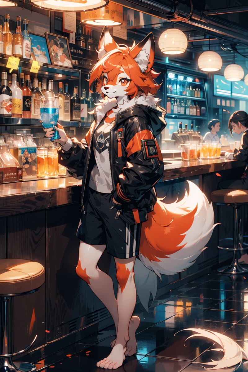 From front, full body,best quality,(masterpiece,ultra detailed 8k art),fantasy,cyberpunk,Fluffy body,Fluffy,(fluffy best hands:0.7),(Indoor,midnight,anthro),focus 1 female,furry fox female,Close up 1 fox girl,smile,fox ears, short pants,barefoot,bar