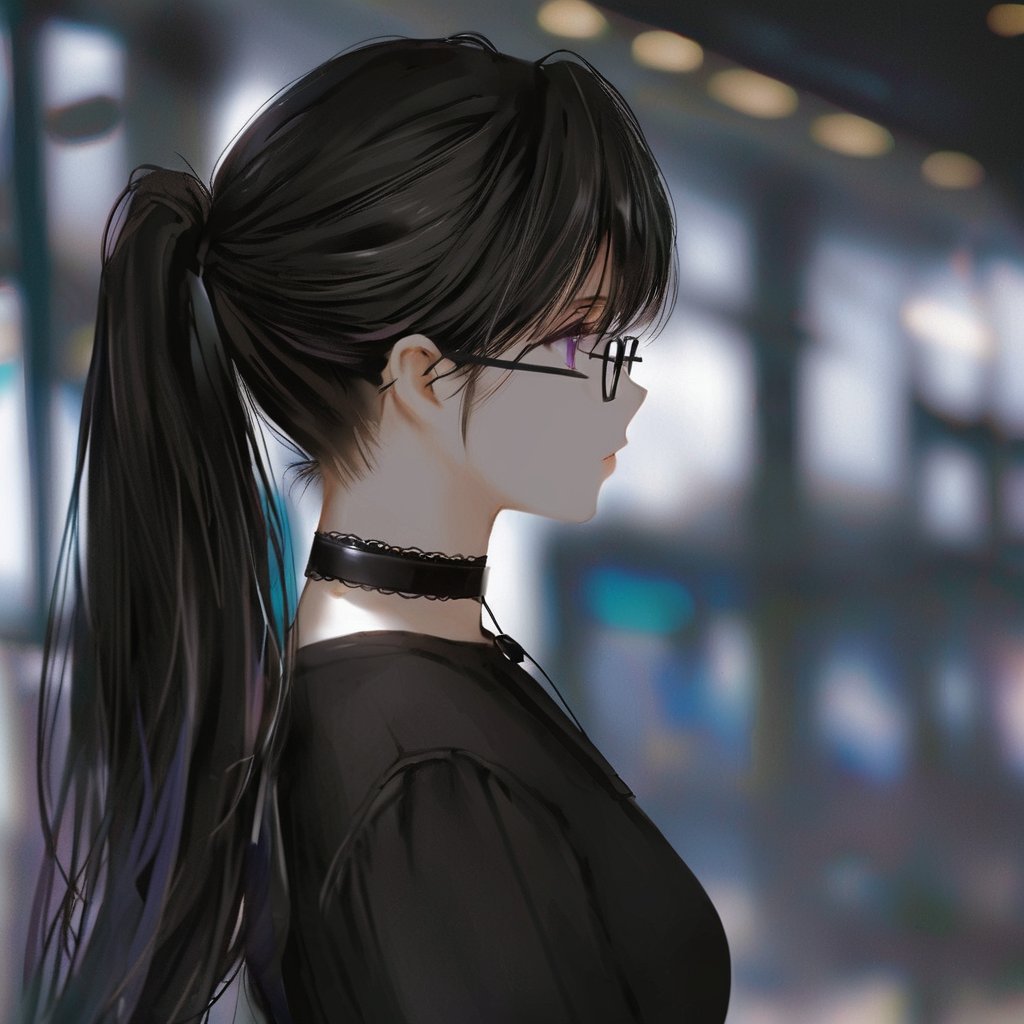 1girl,solo,black hair,long hair,choker,glasses,black choker,profile,shirt,upper body,blurry background,black shirt,blurry,closed mouth,from side,purple eyes,bangs,black-framed eyewear,ponytail,depth of field,looking away,<lora:厚涂风格-000007:1>,