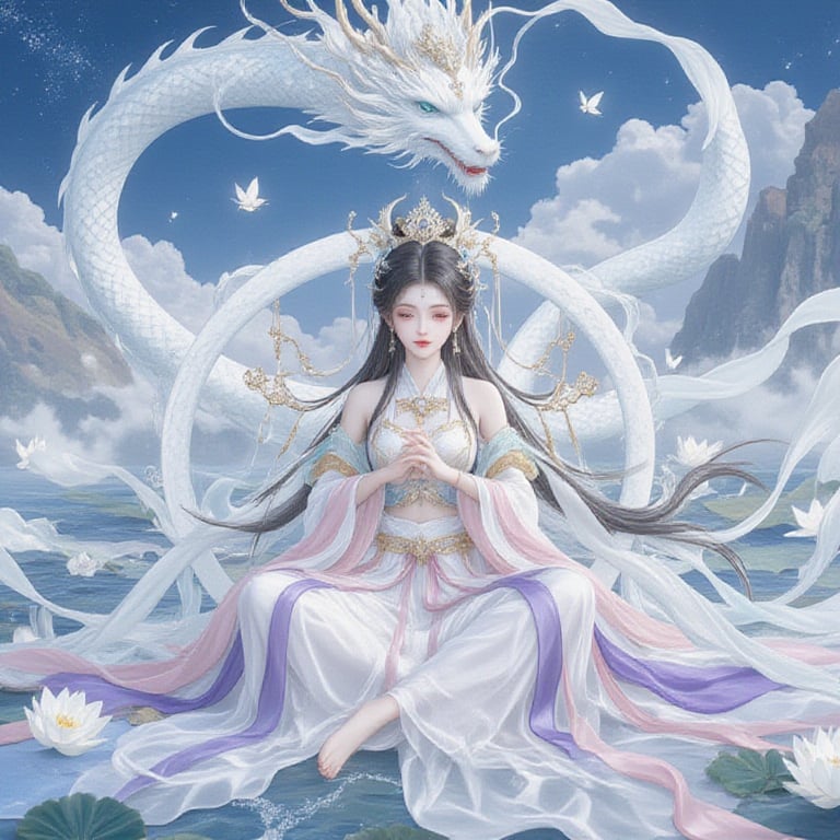 Chinese mature woman,Sitting cross-legged on a white lotus throne and a golden hat above his head,in anime style appearance,White Hanfu,golden crown,eyes closed,1girl,jewelry,long hair,hands out of hydrangea,hands tighhighs,see see Holding,see body,lovely little princess,dragon lady,with a pair of dragon horns ((masterpiece,best quality))) on her head,((good structure, good composition,good glowing translucent), Translucent of women),tiny golden accents,beautifully and intricately detailed,ethereal glow,whimsical,art by Mschiffer blue theme,off original,view (beautiful),transparent,shiny_clothes,pink chest pleated skirt,white with yellow pibo,pink pibo,qingsha,dunhuang((water drops)),wet clothes,((beautiful detailed water)),((floating)),dynamic angle,((Beautiful butterflies in detail)),((Beautiful stars in detail)),(((halter dress ))),particle,(Starry sky in beautiful detail),(Hazy fog),(Ruins of beautiful details),(((Standing on the surface of the sea))),yellow waistband,purple with white waistband,light green waistband, <lora:风月无边illustrations_v1.0:0.51> <lora:FLUX-汉服人像艺术-国风-氛围感-liangyi_尝鲜版:0.41> <lora:kingheretynjfl:0.41> <lora:flux_gf_v4.0:0.5> <lora:flux-test-lora:0.5> <lora:FLUX1-超写实逼真黑悟空-支持在线生图_FLUX-超写实黑悟空--V1:0.51> <lora:dunhuang:0.51>