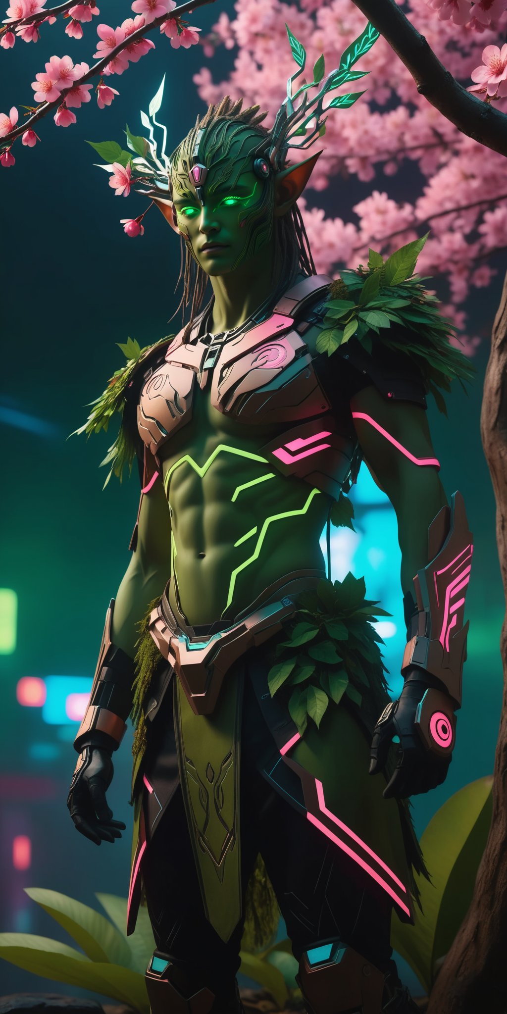 (The king),(Cyberpunk Treeman),metal leaves,wired branches,glowing light eyes,mechanical bark,with moss-covered bark,tribe outfit,(ancient tribal markings),control tendrils extending from the arms,Neon lights dancing on the body,(Lightning around branches and leaves),(peach blossom),Soft and delicate petals,vivd colour,(A harmonious blend of green and pink),(Ominous dark clouds in the sky),Night atmosphere,A futuristic,Vivid colors and high-contrast lighting,Dramatic shadows and highlights.(best quality, 4k, 8k, masterpiece: 1.2), ultra fine, (realistic, photo realistic, photo realistic: 1.37)