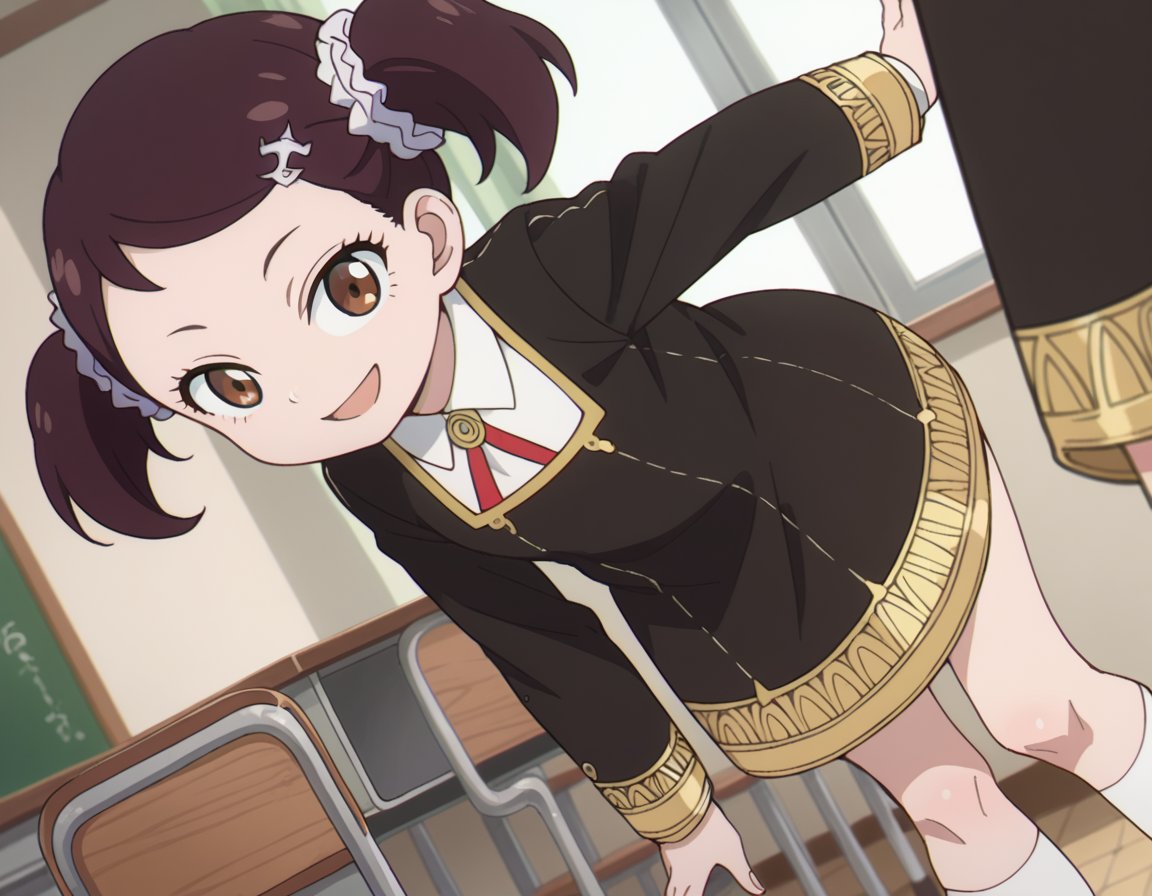 score_9, score_8_up, score_7_up, source_anime,beckyblackbell, <lora:becky-blackbell-s1-ponyxl-lora-nochekaiser:1>becky blackbell, black hair, hair ornament, twintails, hairclip, scrunchie, hair scrunchie, brown eyes,long sleeves, dress, school uniform, socks, black dress, eden academy school uniform,indoors, classroom, smile, bent over,looking at viewer, dutch angle, cowboy shot