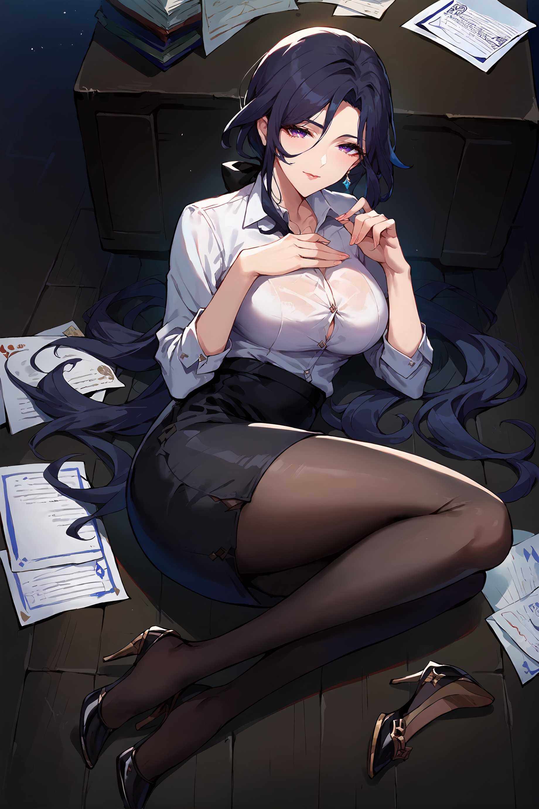 score_9, score_8_up, score_7_up, source anime, 1girl, clorinde \(genshin impact\), office lady, collared shirt, pencil skirt, black pantyhose, high heels, looking at viewer, reclining, yokozuwari, floor, paper, from above, milf, mature female <lora:Char-Genshin-Clorinde-Pony-V1:0.9>   <lora:YaegashiNan-v1-PDXL:0.7>