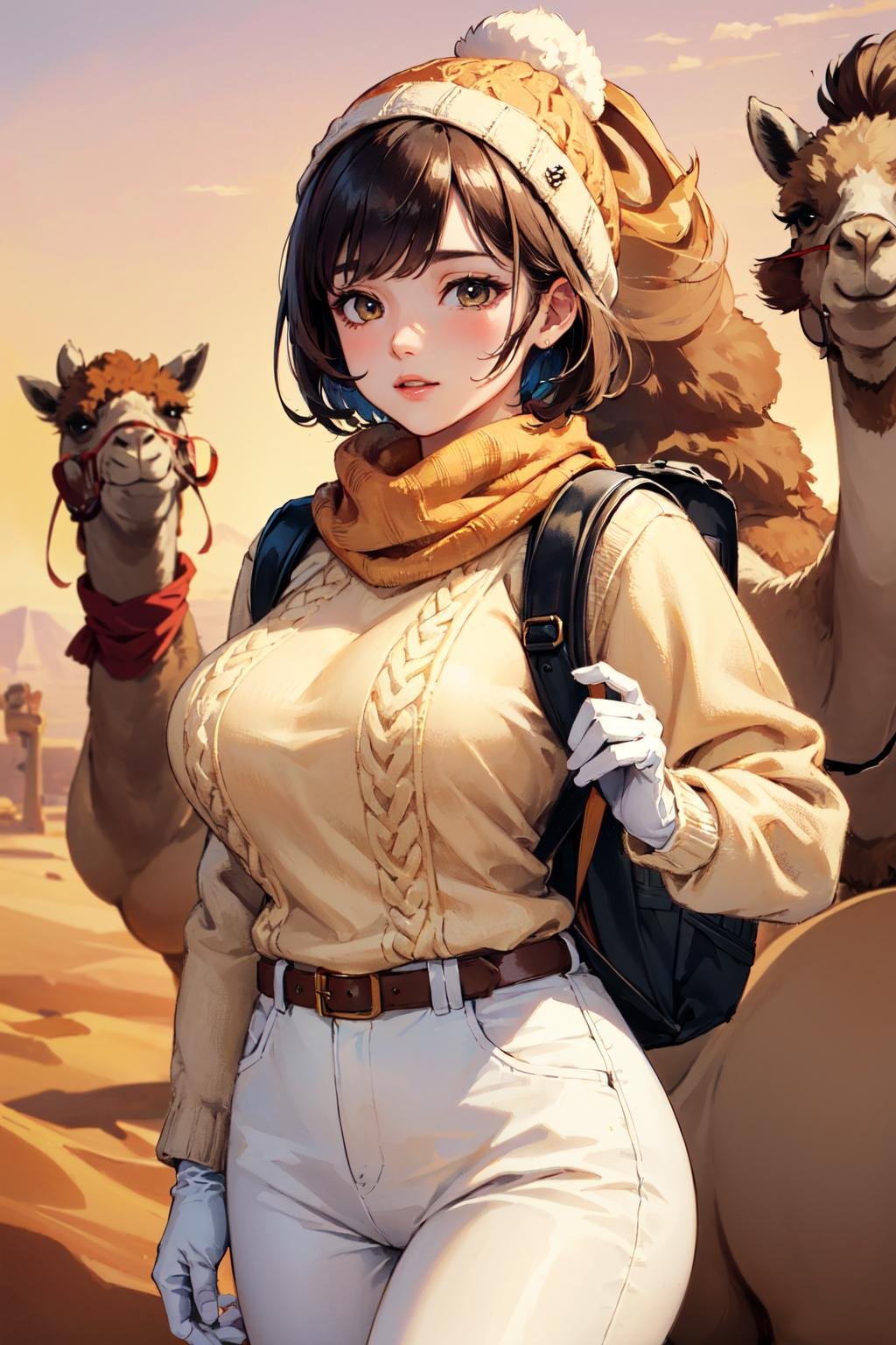 (masterpiece, best quality, hires, high resolution:1.2), (beautiful, aesthetic, perfect, delicate, intricate:1.2), (cute, adorable), (depth of field:1.2), (1girl, solo), (a mature woman), (colorful short hair), (natural breasts), (scarf), (knit sweater), (heavy furr coat), (beanie), (gloves), (tight pants), (a huge backpack), (camels:1.4), (llamas:1.4), (at desert:1.4), (sun, golden hour), (cowboy shot:1.4),