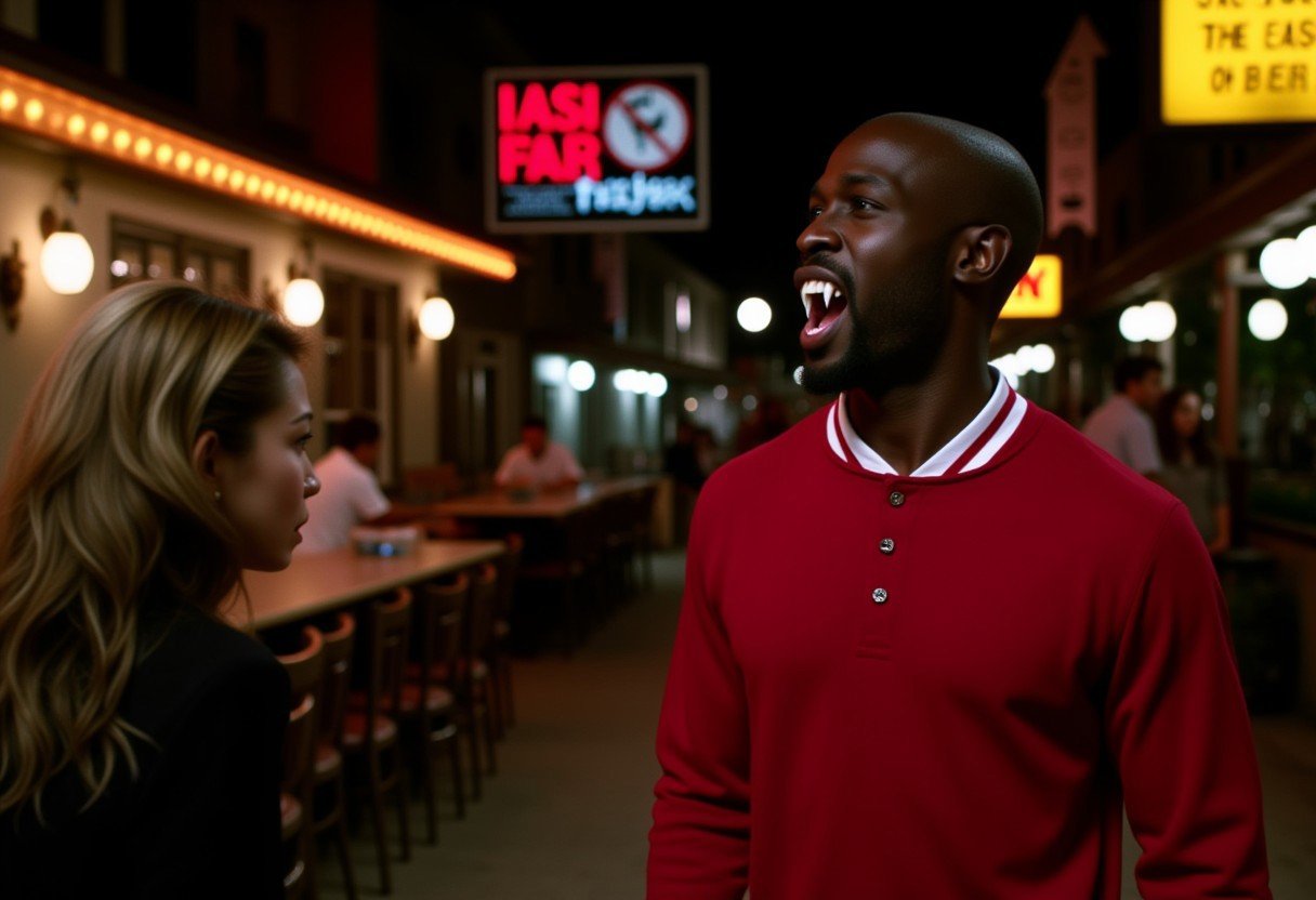 Vampyfangs1. a film still photo. 35mm. 4k. From a 2003 movie. a black Jamaican vampire and is showing off his fangs, he is walking down a street by some local bars, wearing a red bowling shirt. Talking to an Asian or Blonde waitress.  Night. Noir.