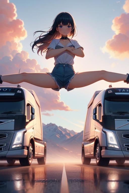 (((masterpiece))), (((best quality))),  ((sneakers)), ((epic split)), ((crossed arms)), ((spread legs)), ((outstretched legs)), sky, wind, flare, volvo, sunrise, desert road, center line, distant sierra, vanishing point, closed mouth, solo, 1girl, collar shirt, shorts, sweat, cleavage, big tits, shy, blush, slim figure, <lora:girllikeepicsplit:0.9>