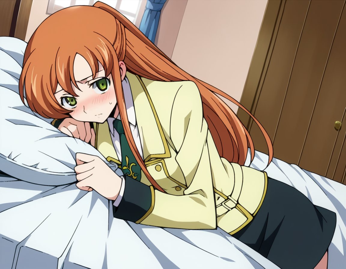 score_9, score_8_up, score_7_up, source_anime,shirleyfenette, <lora:shirley-fenette-s1-ponyxl-lora-nochekaiser:1>,shirley fenette, orange hair, green eyes, half updo, long hair,ashford academy school uniform, buttons, long sleeves, necktie, school uniform, skirt, black skirt,indoors, bed, bed room, on side, blush, drunk,looking at viewer, dutch angle, cowboy shot, solo,