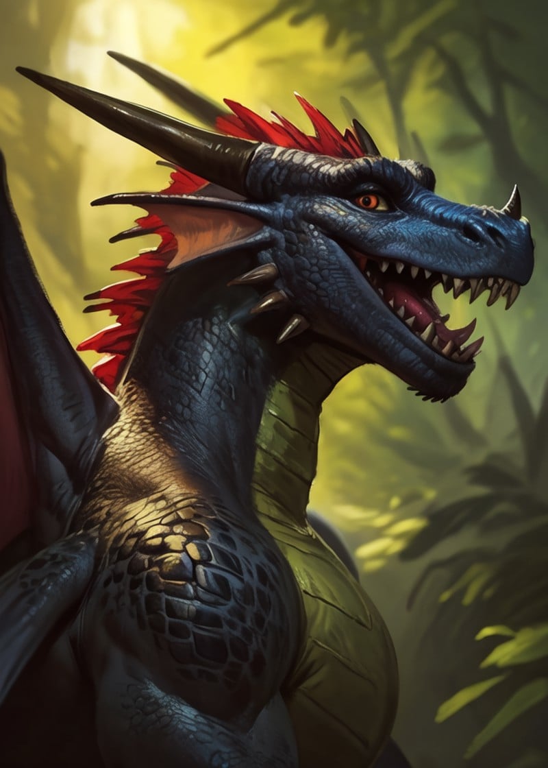 (by Jiandou, by Killioma, by Chumbasket), (dragon:1.25), black scales, open mouth, fangs, membranous wings, spread wings, spike, claws, looking at viewer, (bust portrait, side view:1.25), BREAK, colorful background, blurred background, nature, masterpiece, best quality, light, 4k, 2k, photography, photorealistic, analog style, realistic