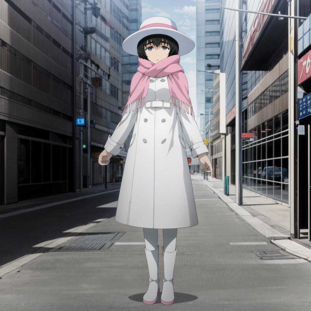 <lora:MayuriShiina002:0.7>,<lora:add_detail:1>,<lora:boldline:-0.8>,<lora:noline:0.3>,Mayurizero,1girl,black hair,hat,white headwear,pink scarf,long coat,pantyhose,white boots,full body,city,