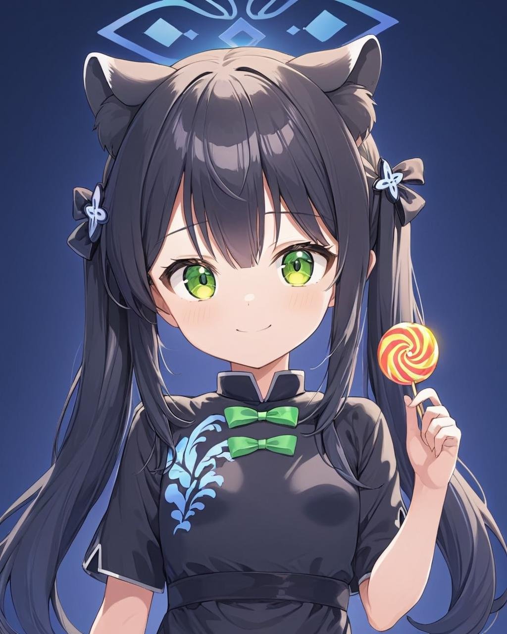 shun \(blue archive\),1girl, solo, black_dress, china_dress, twintails, looking_at_viewer, smile, tiger_girl, animal_ear_fluff, wariza, small_breasts, halo, ribbon, holding, lollipop<lora:shun_(blue_archive)_image2057_2023-11-28-000010:1>halo. gorgeous,key visual, vibrant, studio anime,award-winning, professional, highly detailed,high budget, cinemascope