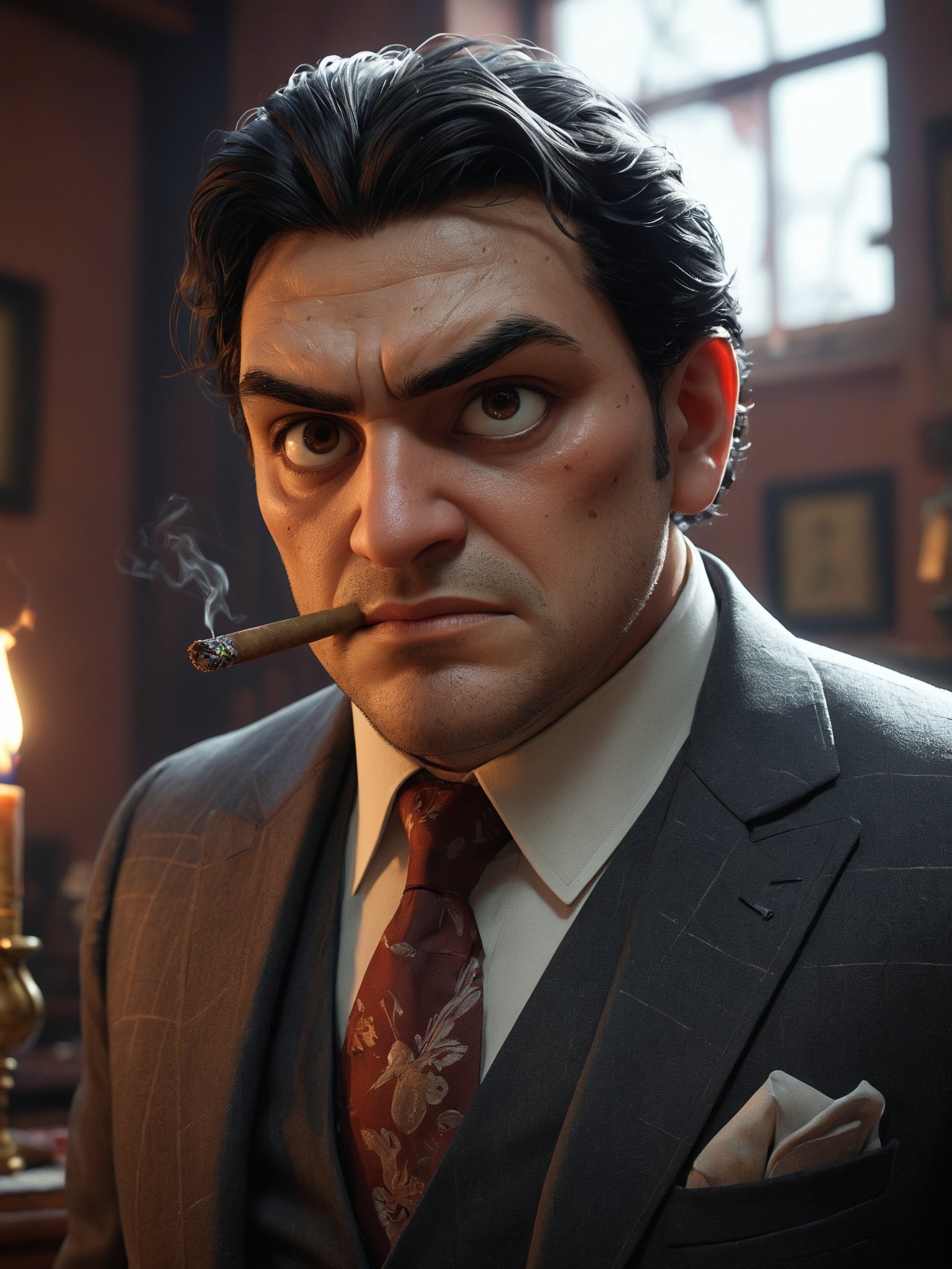 A captivating portrait of Edgar Valdez, a notorious drug lord turned informant. With a chiseled face, piercing eyes, and slicked-back hair, Valdez exudes both power and menace. He wears a tailored suit, a symbol of his former affluence, and holds a lit cigar in one hand. The background is a dimly-lit room with shadows cast across the walls, creating an atmosphere of mystery and danger. epic action, Unreal Engine, cinematic award winning artwork, many details, extreme detailed, full of details,Wide range of colors., dramatic, Dynamic,Cinematic,Sharp details, Insane quality. Insane resolution. Insane details. Masterpiece. 32k resolution. casting shadow style, cucoloris patterned illumination,  dvr-lnds-sdxl, ral-dissolve, ral-ertmsphr, ral-porcelain, ral-pxlprtcl, Niji, aidma-niji