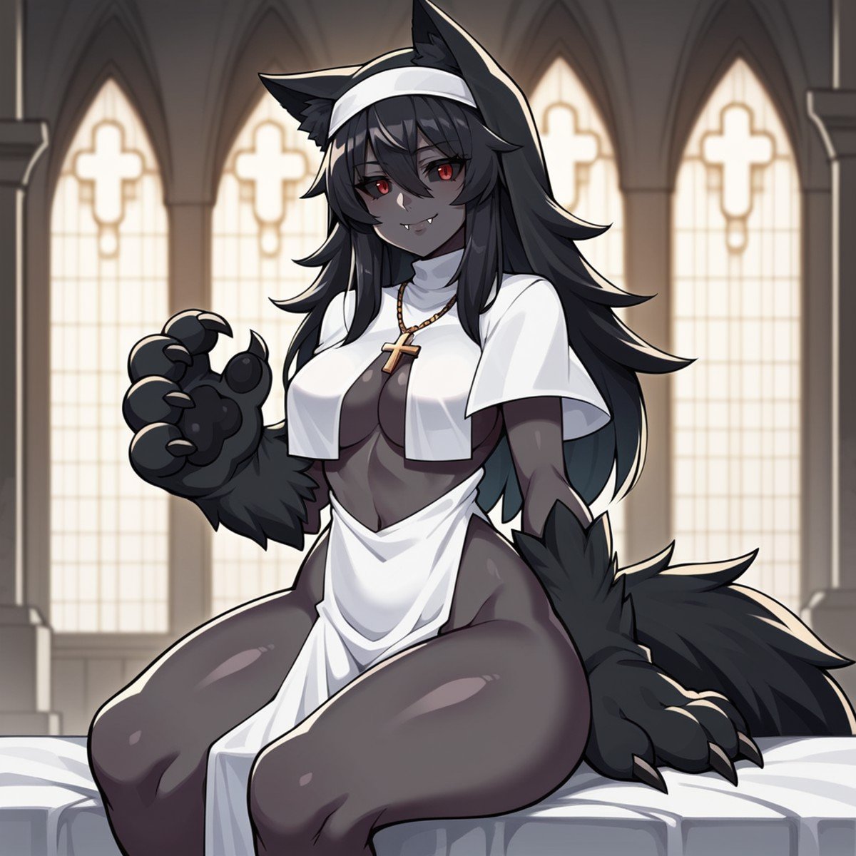 score_9, score_8_up, digital art, hires, source_anime, <lora:HellhoundAutismLoraBeta_1624:1>, Hellhound, monster girl encyclopedia, 1girl, solo, (black skin:1.4), black sclera, red eyes, long hair, chest tuft, cross necklace, medium breasts, nun, pelvic curtain, wide hips, wolf tail, closed mouth, smile, fangs out, claws, animal hands, 4 fingers, sitting, looking at viewer, highly detailed background, church, indoors,