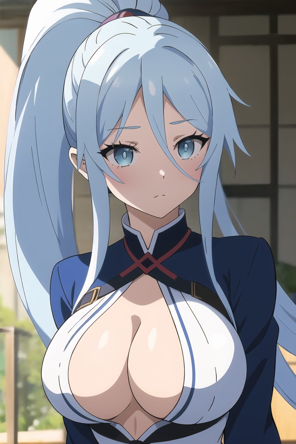 Sylpha, 1girl, solo, long hair, breasts, blue eyes, light blue hair, hair between eyes, ponytail, <lora:Sylpha - Dainanaoji T10:0.8>