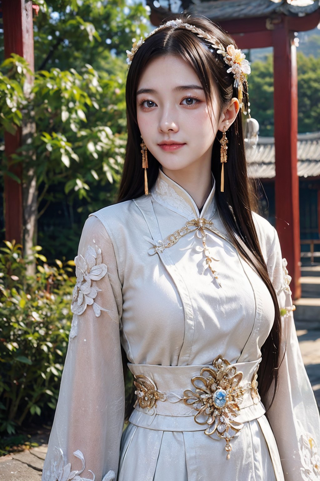 CAFC,1girl,solo,long hair,white clothes,earrings,jewelry,hair accessories,upper body,suburban scenery,east asian,chinese style architecture,