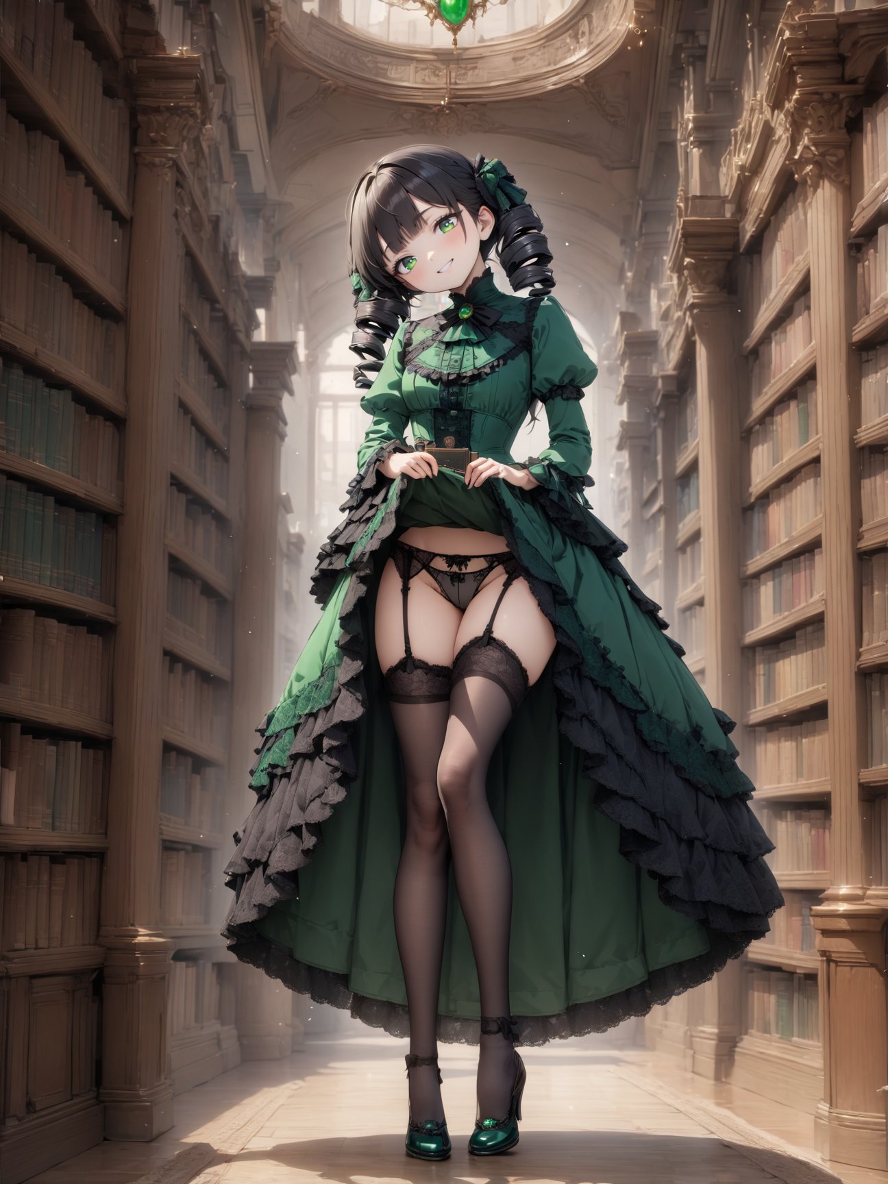 8k, masterpiece, highly detailed,1girl wearing an emerald green (victorian dress), <lora:victorian_dress-XL-2.0:1>black hair, ringlets, green eyes,full body, head tilt, holding a book, library, black lace, dress lift, panties, garter straps, grin