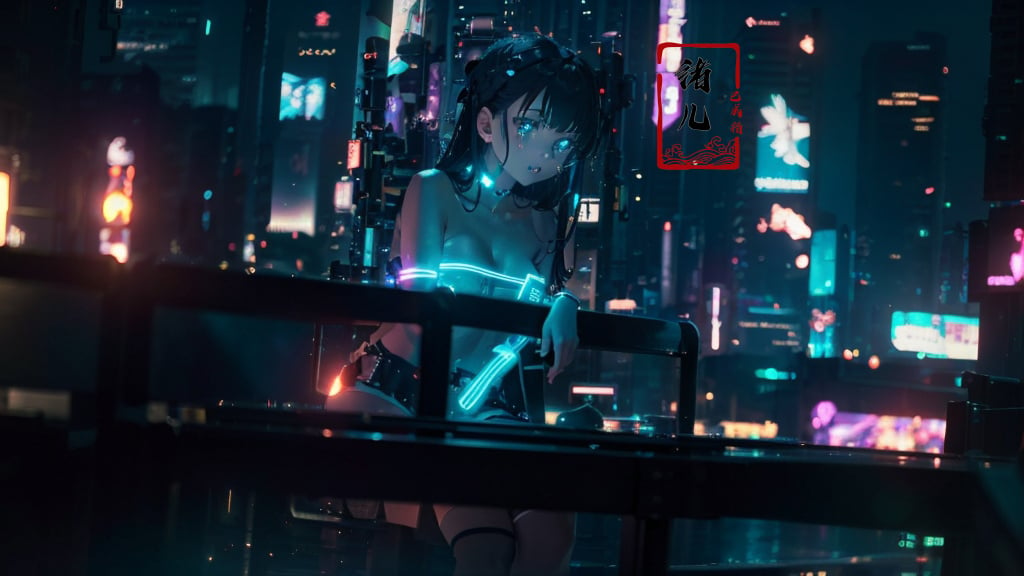 blurry, blurry_background, blurry_foreground, depth_of_field, motion_blur,1girl, cyberpunk, solo, science fiction, city, neon lights, sitting, night, building, strapless, breasts, hologram, skyscraper, boots, long hair, cityscape, thighhighs, sky, black hair, scenery, white footwear，(upper body:1.2)，(glow, light pollution:1.3)，(solo focus:1.7)，  <lora:绪儿-赛博城市场景 science cyber:0.6>