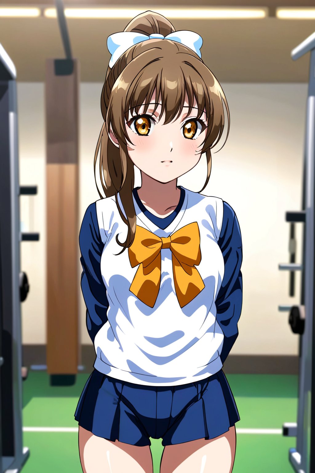 ((cowboy shot)), sunohara shizuka,1girl,solo, ponytail, gym uniform, gym, looking at viewer, standing, hair bow, masterpiece, perfect face, best quality, beautiful girl, blurry background, cute girl, beautiful eyes, shiny eyes, absurdres, <lora:sunohara shizuka hent 729:1>