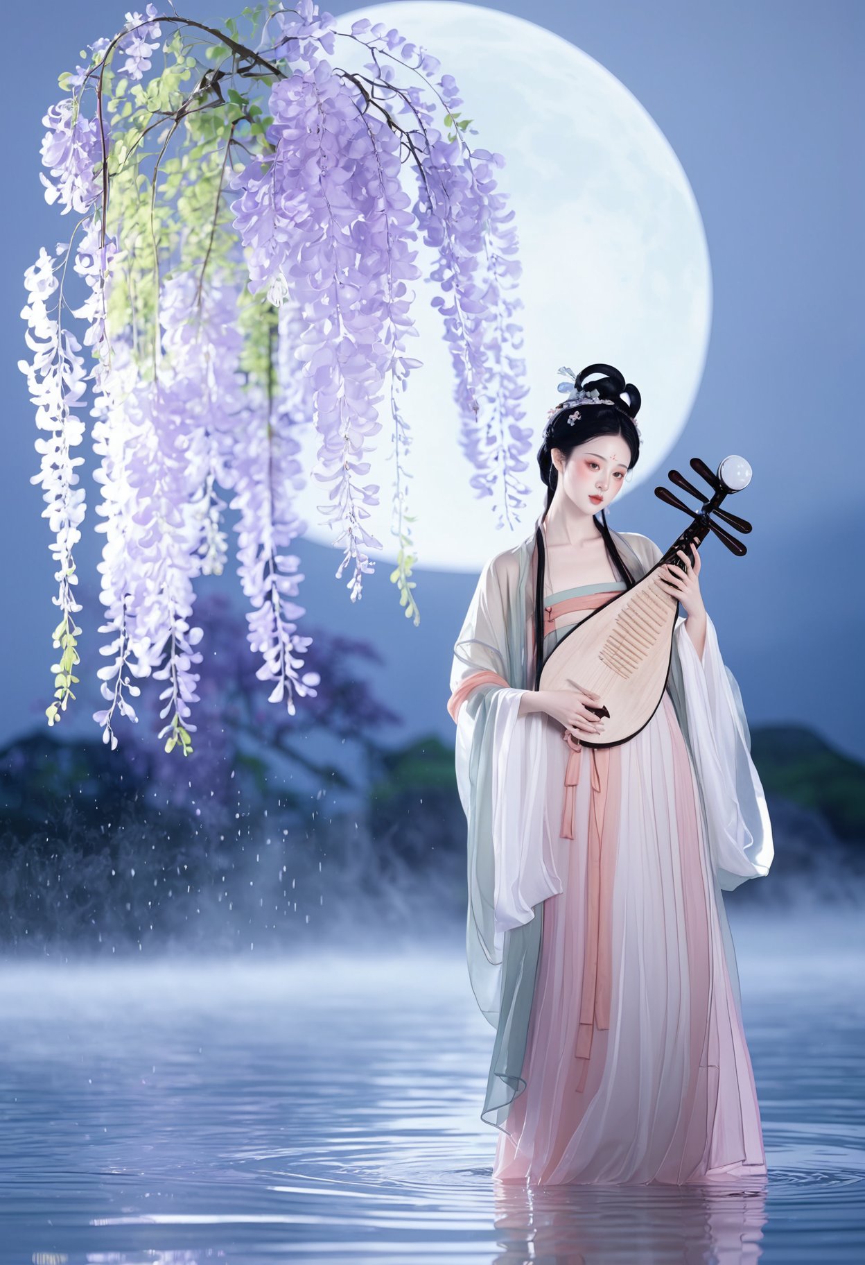 Traditional Chinese art style, serene woman in Hanfu, Tang Dynasty, holding a pipa, under cascading wisteria, large full moon backdrop, soft pastel colors, ethereal ambiance, reflective water surface, delicate floral hair accessories, flowing green and pink robes, tranquil and elegant atmosphere.