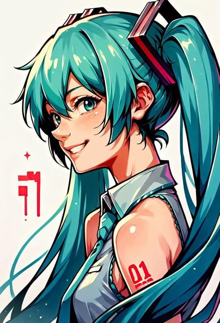 score_9, score_8_up, score_7_up, score_9, <lora:Toon Graffiti Style:1>, hatsune miku, smiling, from the side, looking at viewer,