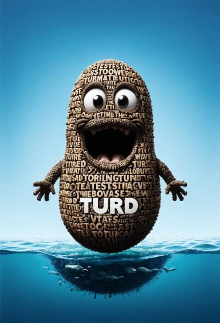 A turd floats up from beneath the waves, text logo "TURD" <lora:dvr-txt:1> dvr-txt