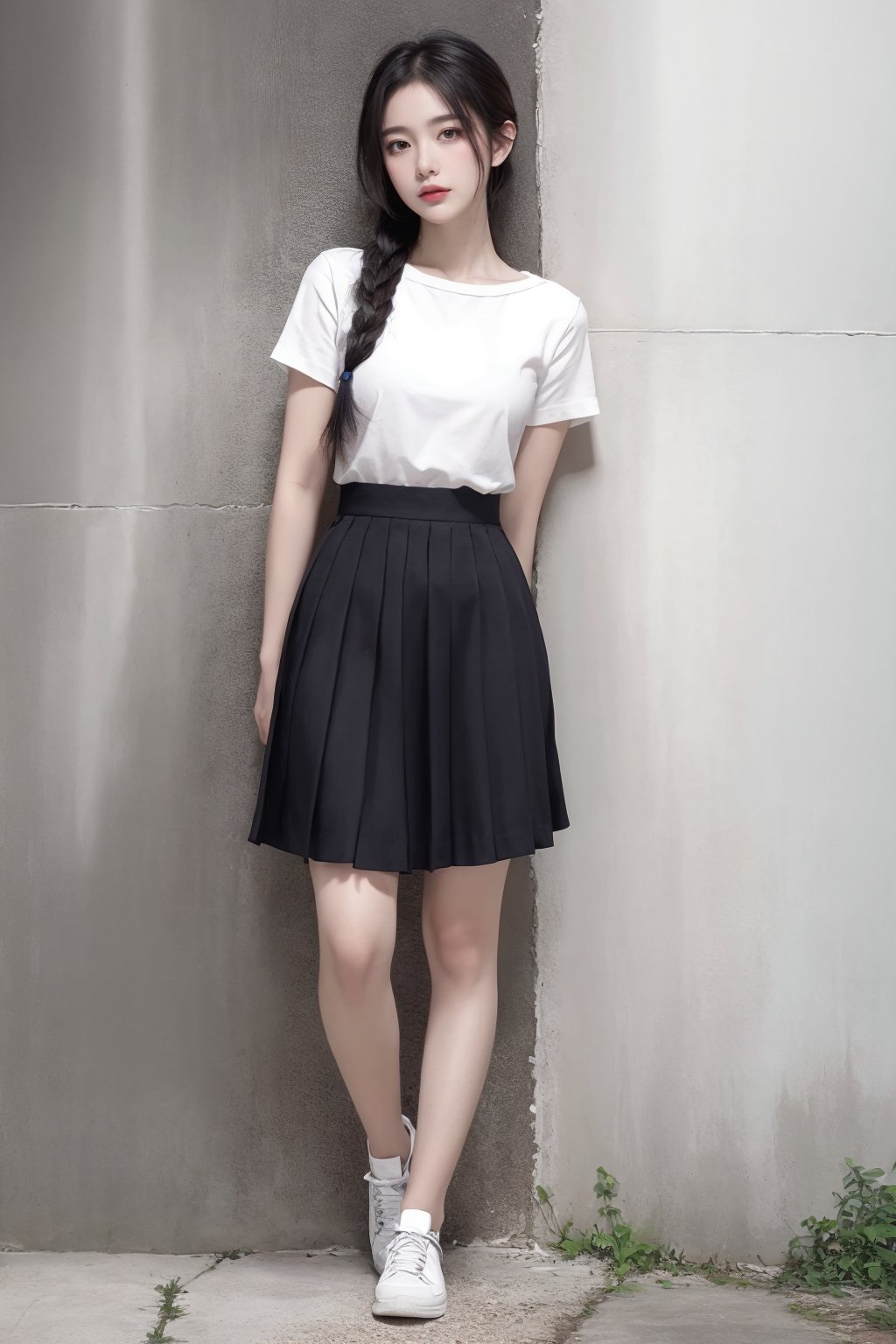 1girl, against wall, arms behind back, black hair, braid, full body, grey skirt, hair over shoulder, long hair, looking at viewer, pleated skirt, shirt, shoes, short sleeves, skirt, solo, standing, twin braids <lora:国际超模脸:0.8>