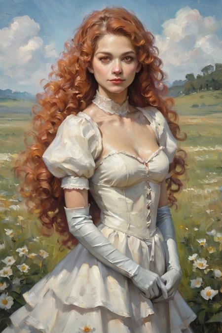 score_9, score_8_up, score_7_up, oil painting, traditional media, realistic, 1girl, solo, long hair, curly hair, wavy hair, orange hair, orange eyes, looking at viewer, breasts, dress, white dress, puffy sleeves, puffy short sleeves, short sleeves, gloves, elbow gloves, white gloves, cowboy shot, closed mouth, standing, outdoors, field, flower, grass, plant, sky <lora:Eldritch Oil Style LoRA_Pony XL v6:1>