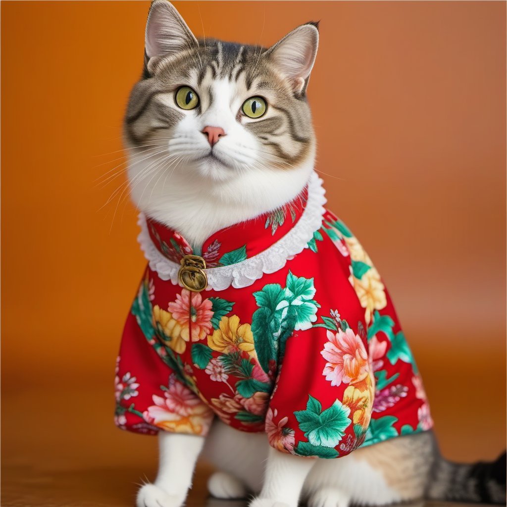 1cat,<lora:dongbeidahua:0.6>,wearing floral clothes,