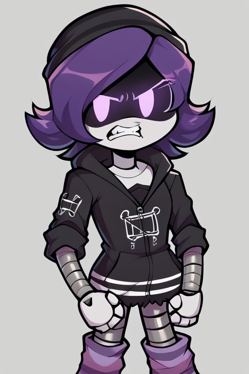 2D, score_9, score_8_up, score_7_up, BREAK, 1girl, solo,Uzi, Purple Hair, Purple Eyes, Robot, Visor, Black Hoodie, Beanie, Striped Socks, angry<lora:EMS-470427-EMS:1.000000>