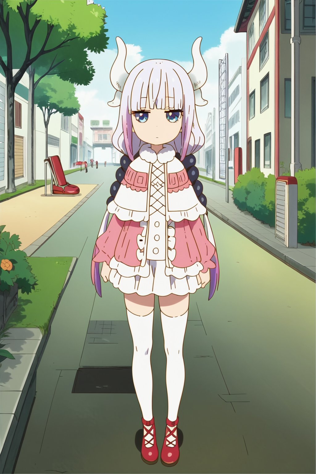 Score_9, Score_8_up, score_7_up, score_6_up, official style, anime screencap, 1girl, solo, kanna, expressionless, pink dress, white capelet, white thighhighs, full body, red footwear, white horns, park, building, utility pole, looking at viewer<lora:EMS-395096-EMS:0.800000>, <lora:EMS-348297-EMS:-2.000000>