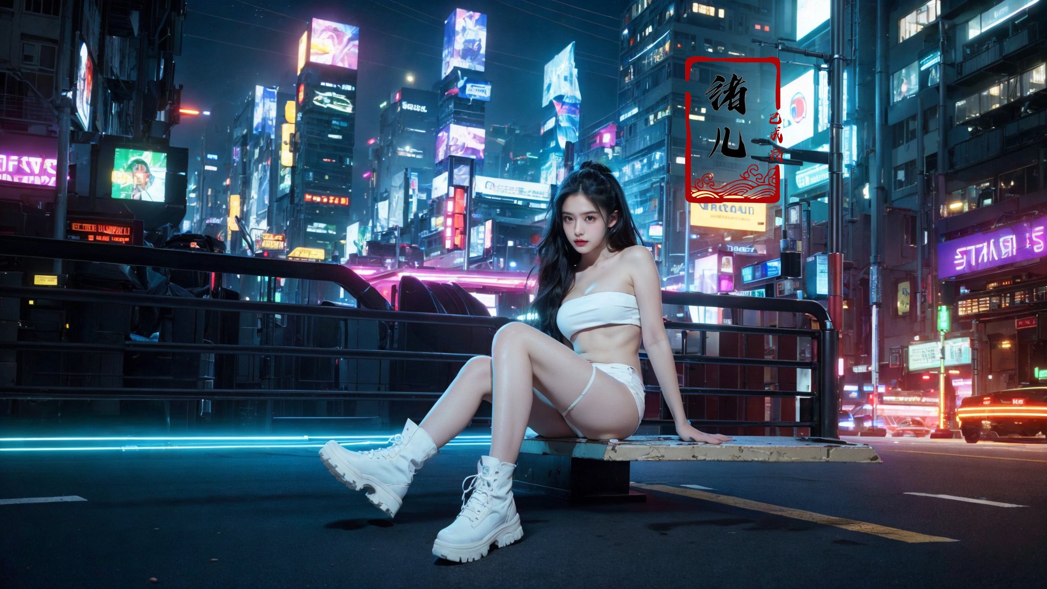 blurry, blurry_background, blurry_foreground, depth_of_field, motion_blur,1girl, cyberpunk, solo, science fiction, city, neon lights, sitting, night, building, strapless, breasts, hologram, skyscraper, boots, long hair, cityscape, thighhighs, sky, black hair, scenery, white footwear， (glow, light pollution:1.5)，(solo focus:1.7)， <lora:science cyber_20231207095807-000022:0.8>