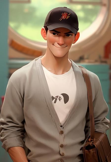 score_9, score_8_up, score_7_up, score_6_up, tadashi_hamada, white shirt, grey cardigan, cap, bag, smirking