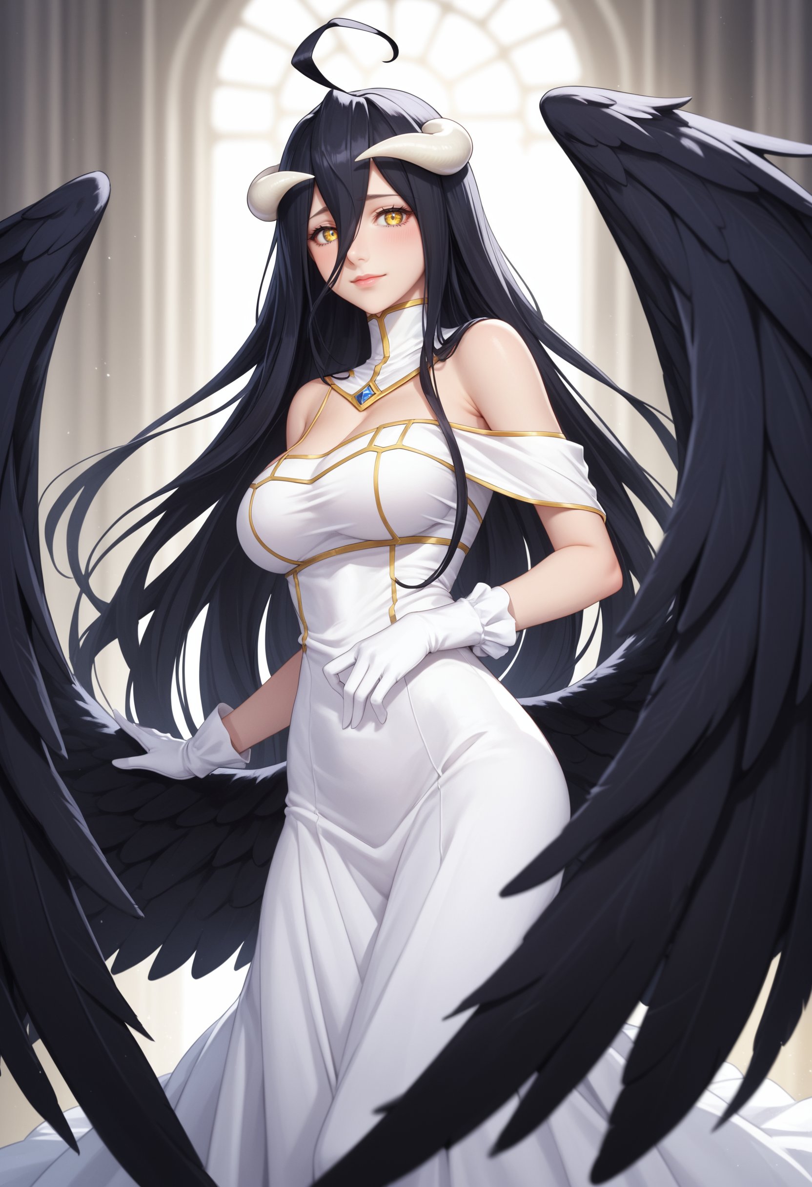 score_9, score_8_up, score_7_up, source_anime,1girl, albedo \(overlord\), overlord \(maruyama\), ahoge, demon girl, demon horns, black hair, black wings, feathered wings, low wings, yellow eyes, very long hair, white dress, gloves,