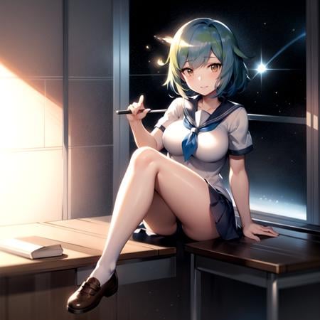 2d, masterpiece, best quality, anime, highly detailed face, highly detailed eyes, highly detailed background, perfect lighting, full body, 1girl, solo, earth-chan, brown eyes, sailor collar, large breasts, space, school uniform, school <lora:earth-chan-10:1>