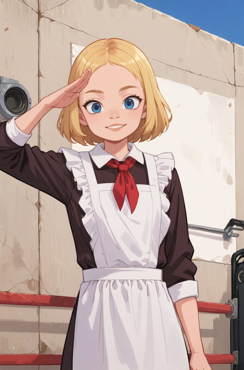 1girl,blonde,(solo:1.5),( one arm salute:1.2),blue sky,summerwhite apron,brown dress,long sleeves,red neckchief,cccpuniform, <lora:苏式校服:0.85>   <lora:age_slider_v4:-2> <lora:Moon风格XL:1>, score_9, score_8_up, score_7_up, score_6_up, score_5_up, score_4_up,zPDXL