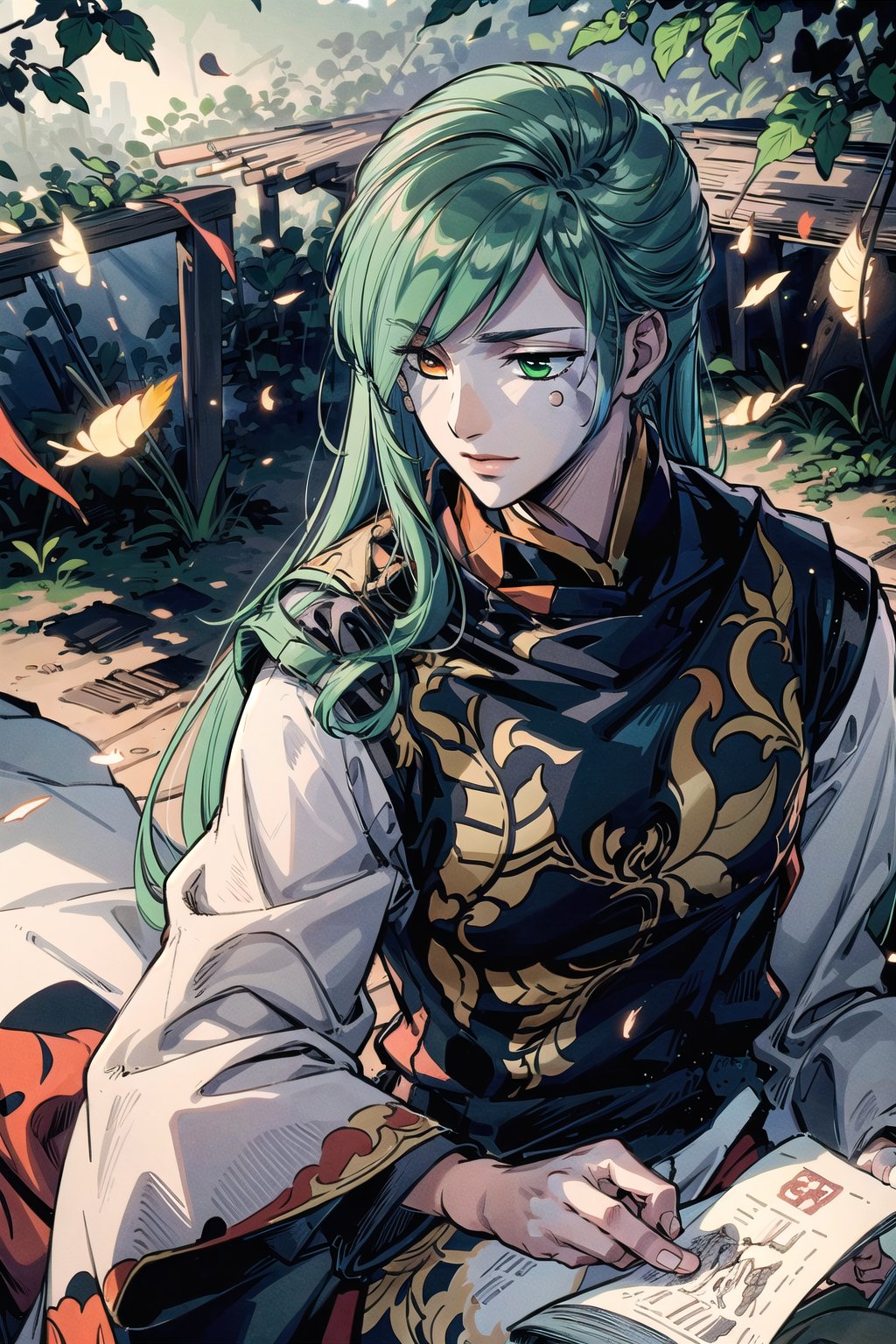 (masterpiece, best quality:1.3), 8k resolution, digital illustration, 3d, original, 2d, traditional media, cinematic, ultra-detailed portrait, hyperdetailed, (deep depth of field:1.3), yasuak1, prayer beads, 1boy, bishounen, male focus, green hair, very long hair, sexy, (hair down:1.4), facial tattoo:1.3), (chinese clothes:1.2), cowboy shot, (jewel under eye:1.3), hands down,long sleeves, wide sleeves, dancing, japanese architecture, blurry background, fireflies,flower, shrine, half-closed eyes, light smile, looking down, sitting, from side, wind lift, floating hair, wind, nature, forest, warrmth, detailed face, focus, closed mouth, handsome, manga cover, (heterochromia, orange eyes, green eyes:1.3), soft lighting, from above, looking up, holding talisman, ofuda, between fingers, kuji-in, dynamic posture, motion blur, volumetric lighting, hair over shoulder, holding feather, bloom, starry background, gouache (medium), sky, dark, cloud, blurry foreground, falling leaves, tree, atmosphere, fog, (extremely detailed), intricate details, ,retro artstyle<lora:EMS-179-EMS:0.200000>, <lora:EMS-91280-EMS:0.100000>, <lora:EMS-367408-EMS:0.900000>