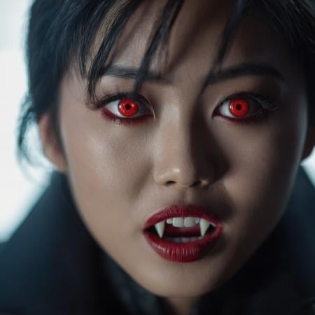 cinematic film still of  <lora:vampire style v2:1> <lora:celluloid film skintone color style:0.3>Vampire Asian a woman with red eyes is staring at the camera,1girl,solo,looking at viewer,black hair,red eyes,1boy,male focus,signature,blurry,blurry background,portrait,realistic,covered mouth,cinematic,filmic,realistic,movie still,horror themed,vampire style , detailed, detailed background, detailed scene, detailed teeth, detailed fangs, shallow depth of field, vignette, highly detailed, high budget, bokeh, cinemascope, moody, epic, gorgeous, film grain, grainy