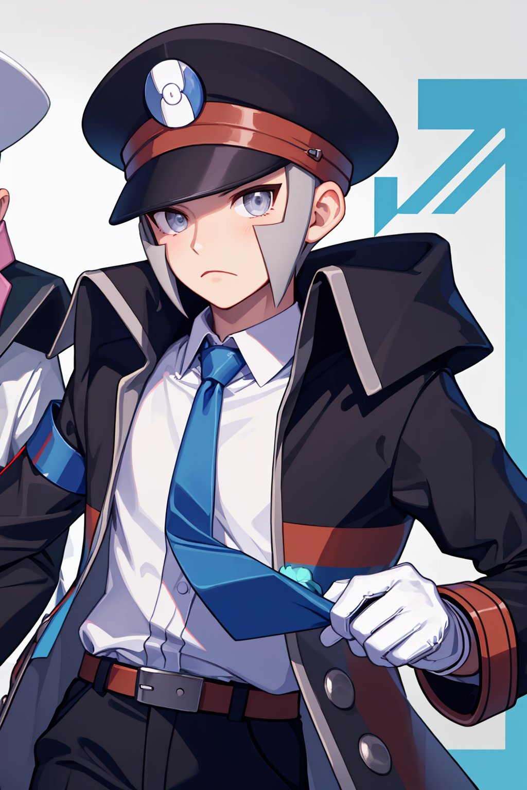 masterpiece,best quality, highly detailed, 1boy,belt buckle,blue necktie,collared shirt,dress shirt,ingo (pokemon),long sideburns,long sleeves,male focus,trench coat,white shirt,black coat,high collar,white gloves,black pants,brown belt,looking at viewer,open coat,closed mouth,frown,solo,<lora:ingo_(pokemon):1>