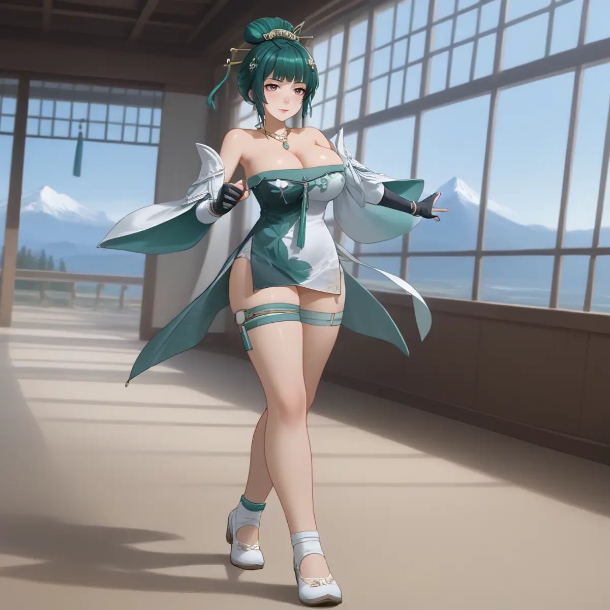 1girl, solo, Hanying, green hair, single hair bun, hair stick, hair ornament, necklace, strapless dress, white dress, cleavage, detached sleeves, fingerless gloves, high kick , full body, thigh strap, skindentation, indoors, teahouse, window, mountains <lora:SDXL_Hyper:1> <lora:STFD_P:1> <lora:hanying-pdxl-nvwls-v1:1>