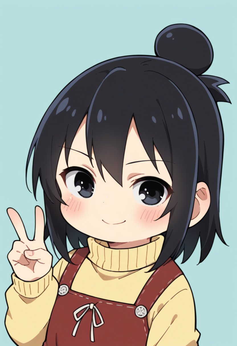 score_9, score_8_up, score_8, source_anime, 1girl, solo, chibi, <lora:HitohaMarui:0.7> , black eyes, black hair, hair bun, yellow sweater, turtleneck, (red dress), smile, blush, upper body focus, v sign, light blue background, simple background,