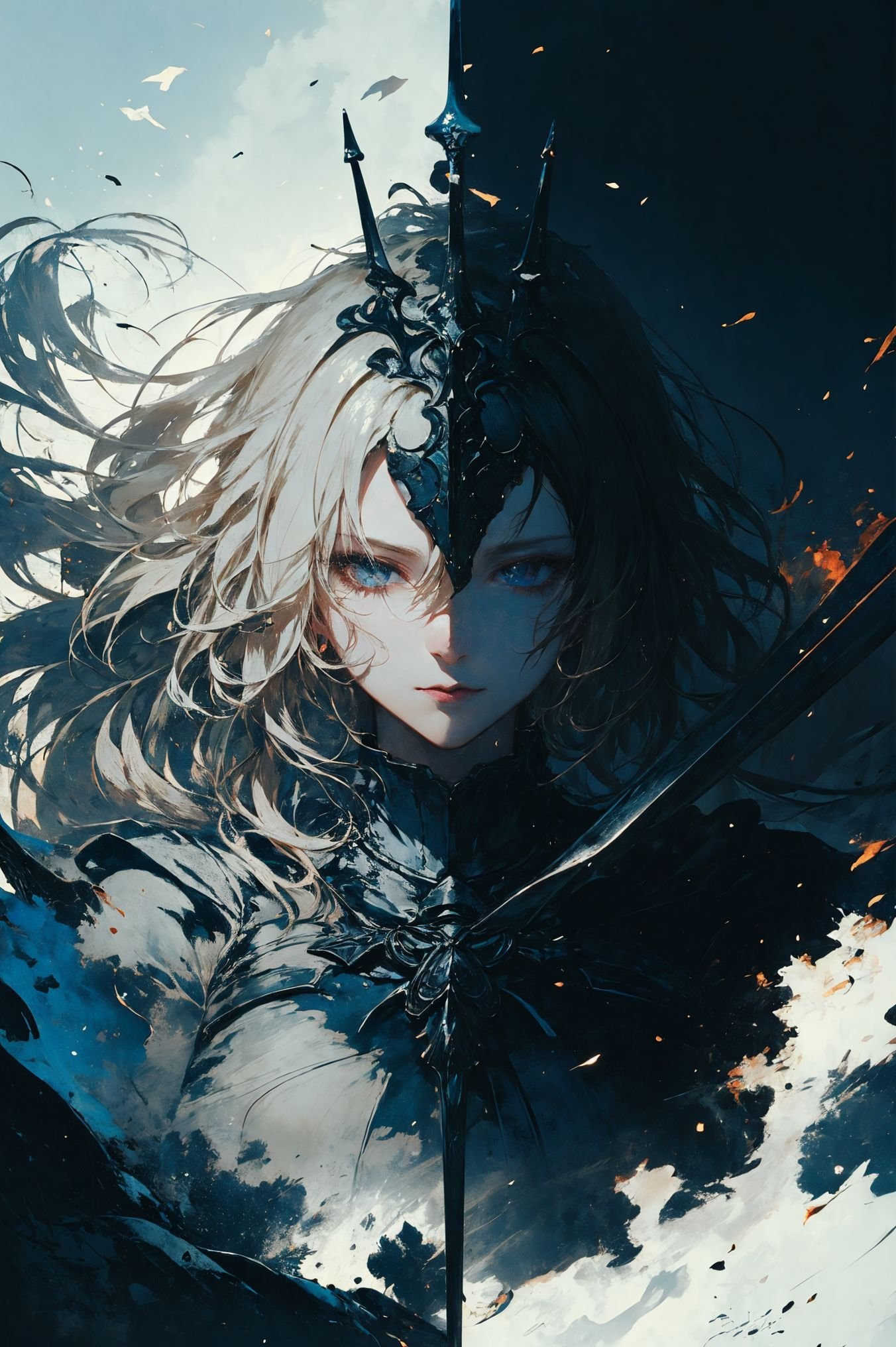 a stunning art,abstract,flowery,predominantly white,dynamic pose,centered,key visual,intricate,highly detailed,breathtaking beauty,precise lineart,vibrant,comprehensive,cinematic,xuer Jeanne D Arc,<lora:绪儿-黑贞德 xuer Jeanne D Arc:0.8>,